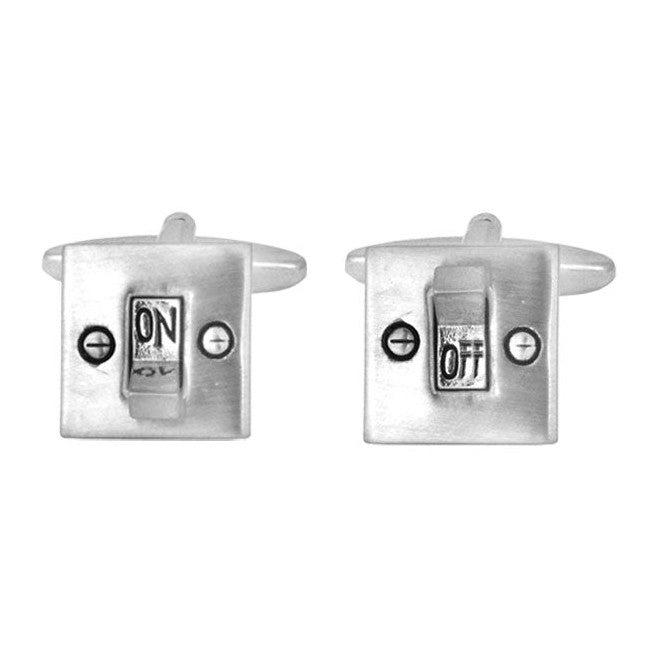 Light Switch On/Off Rhodium Plated Cufflinks - Leonard Silver - pair showing ON and OFF faces