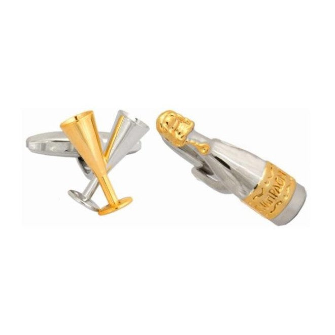 Champagne Bottle & Glasses Rhodium Plated Cufflinks - Leonard Silver - mismatched pair, front view