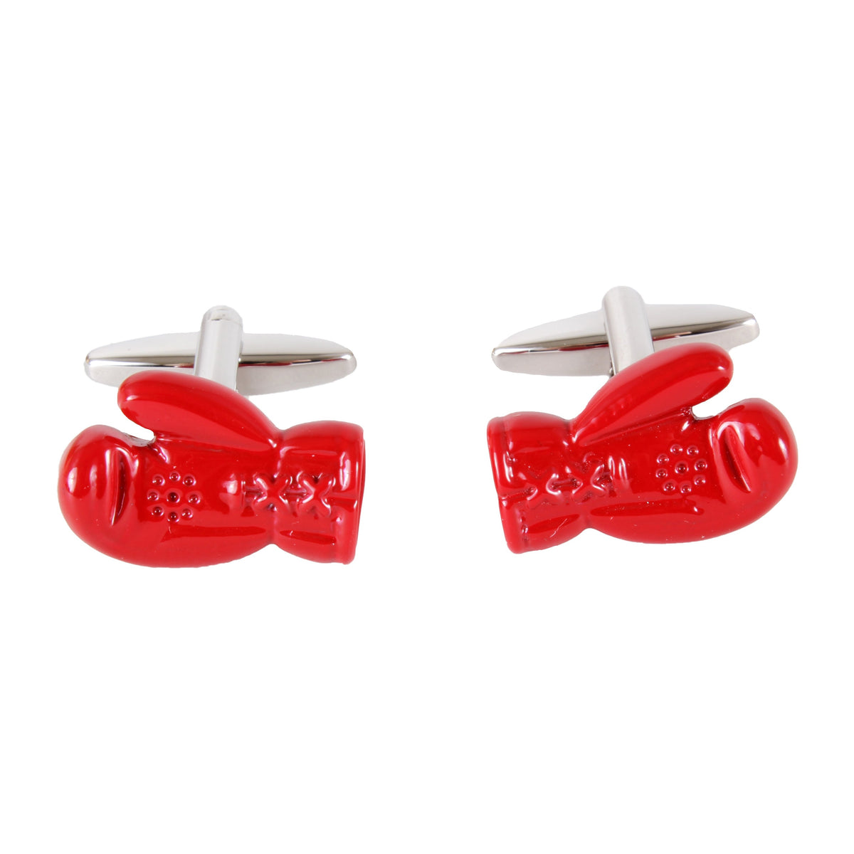 Red Boxing Glove Rhodium Plated Cufflinks - Leonard Silver - front view of pair