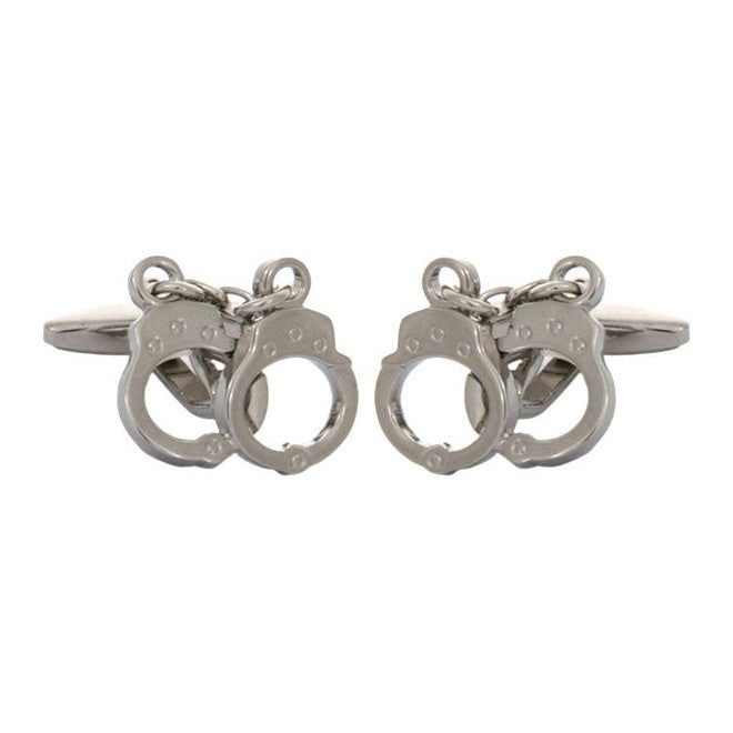 Handcuff Rhodium Plated Cufflinks - Leonard Silver - front view of both cufflinks