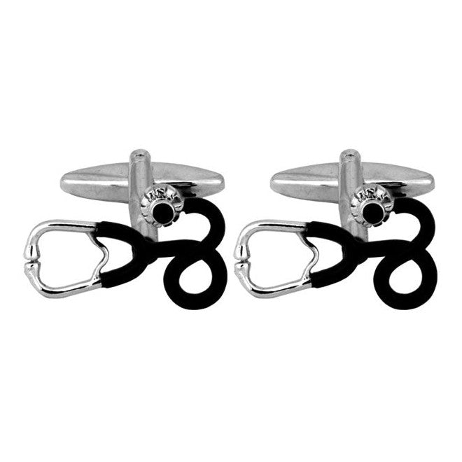 Stethoscope Rhodium Plated Cufflinks - Leonard Silver - pair shown front with T-bar fittings
