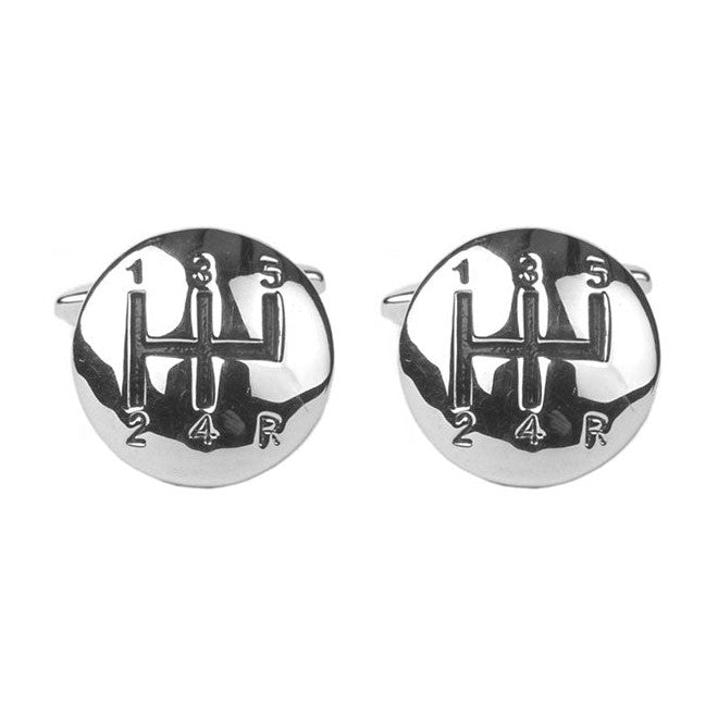 Gear Lever Rhodium Plated Cufflinks with Black Detail - Leonard Silver - pair, front view