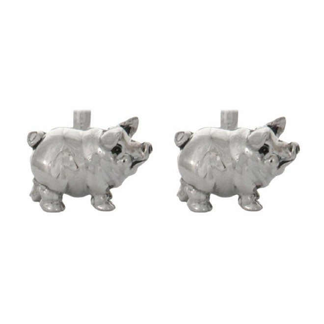 3D Pig Rhodium Plated Cufflinks - Leonard Silver - pair shown side on