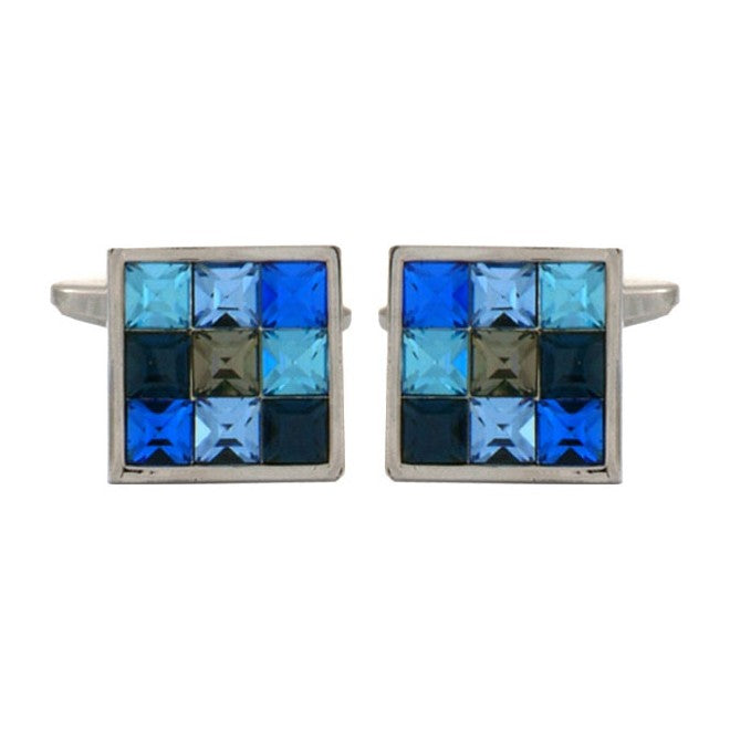Blue Crystal Nine-Square Rhodium Plated Cufflinks - Leonard Silver - pair, front view