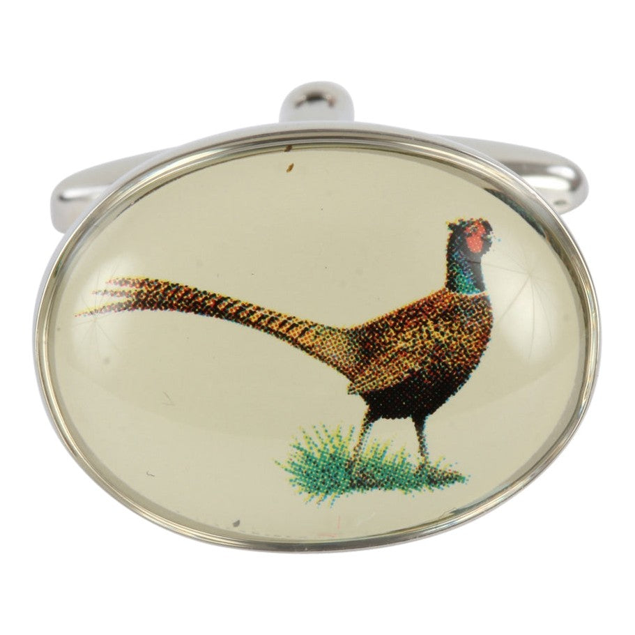 Pheasant Oval Rhodium Plated Cufflinks - Leonard Silver - front view of domed oval face