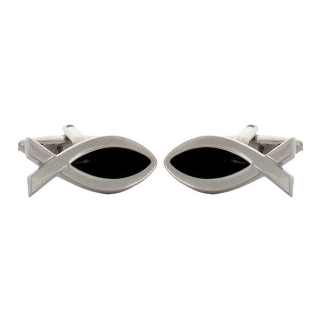 Ichthys Fish Symbol Rhodium Plated Cufflinks - Leonard Silver - pair, front view