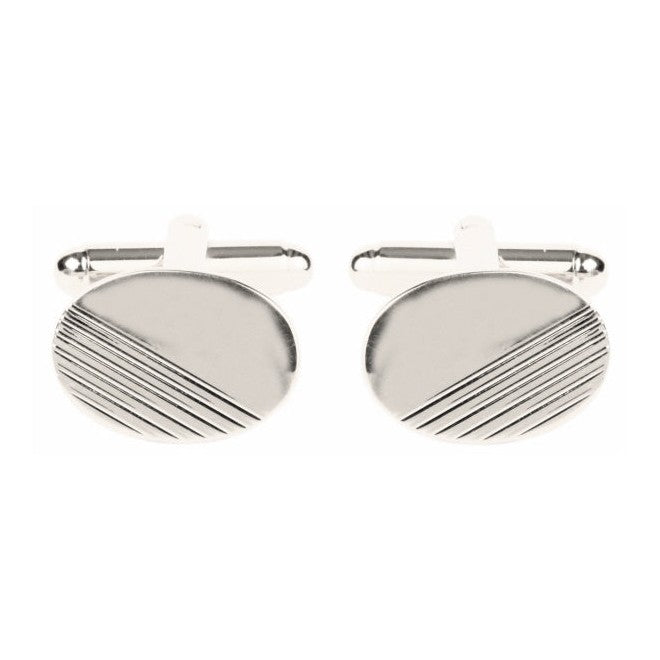 Rhodium Plated Oval Diagonal Line Cufflinks - Leonard Silver - pair, front view