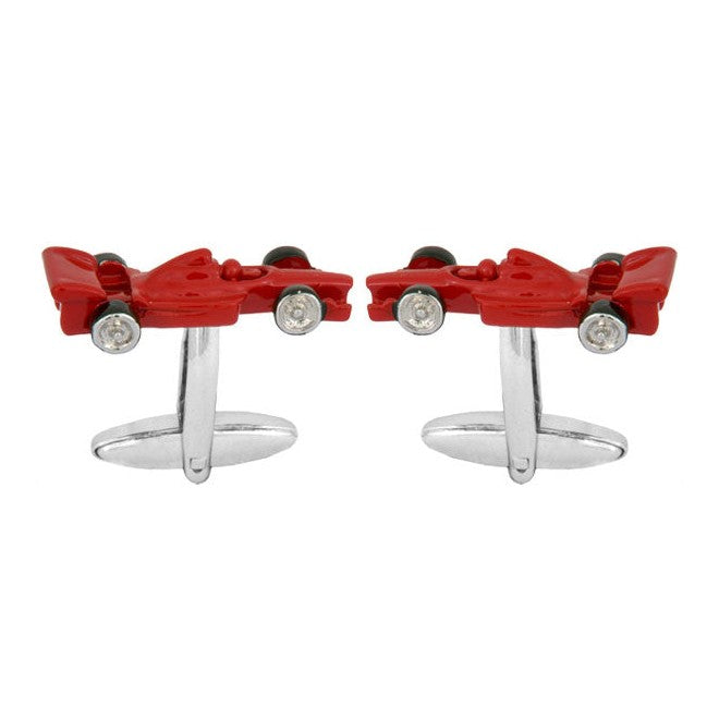 Red Racing Car Rhodium Plated Cufflinks - Leonard Silver - front view of pair