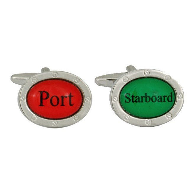 Port & Starboard Rhodium Plated Cufflinks - Leonard Silver - red port and green starboard faces
