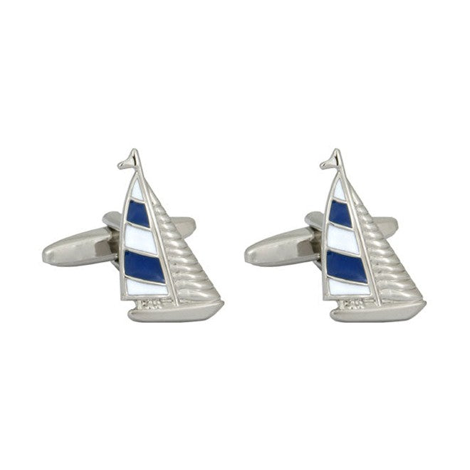 Blue and White Yacht Rhodium Plated Cufflinks - Leonard Silver - front view of pair