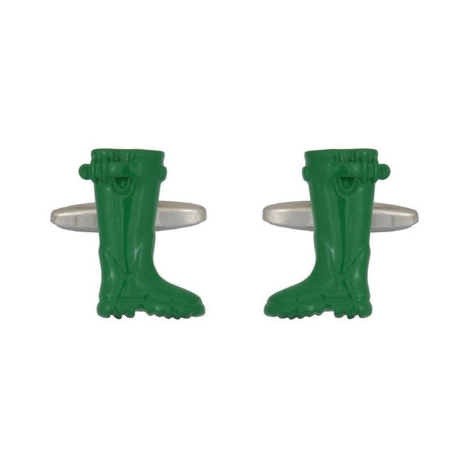 Green Wellington Boot Rhodium Plated Cufflinks - Leonard Silver - front view of pair