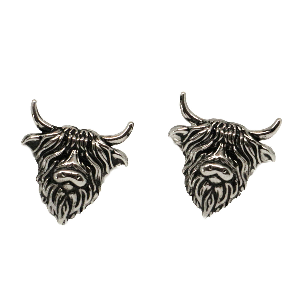 Highland Cow Rhodium & Black Enamel Cufflinks - Leonard Silver - front view of both cufflink faces