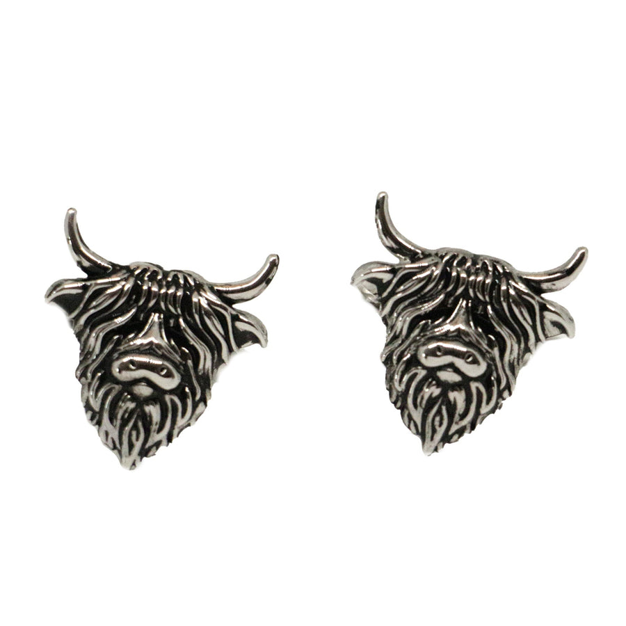 Highland Cow Rhodium & Black Enamel Cufflinks - Leonard Silver - front view of both cufflink faces