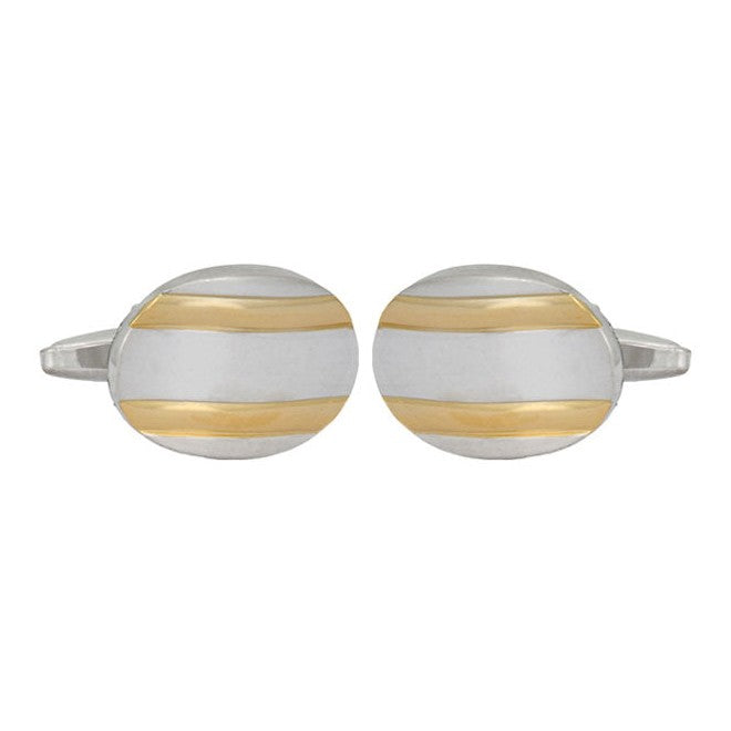 Rhodium Plated Oval Cufflinks With Gold Plated Lines - Leonard Silver - pair, front view