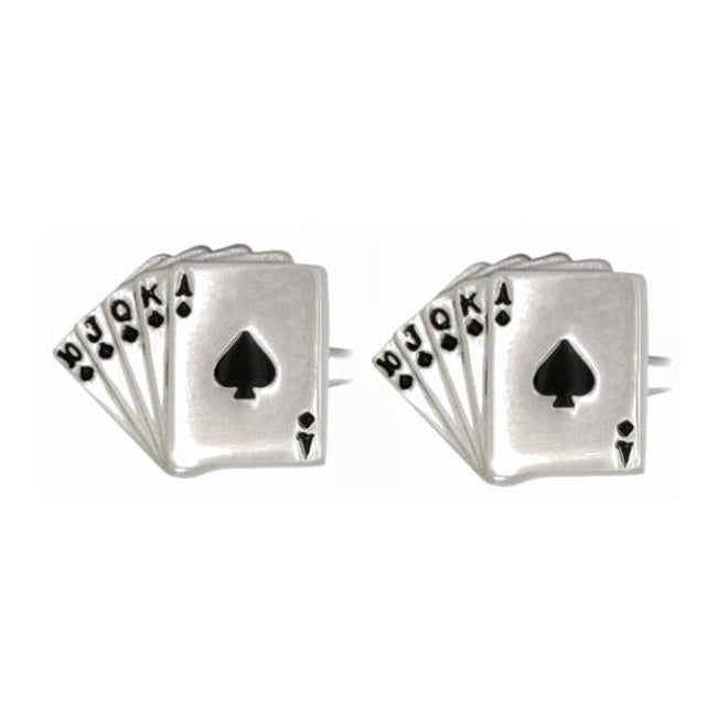 Royal Flush Spades Rhodium Plated Cufflinks - Leonard Silver - front view of pair