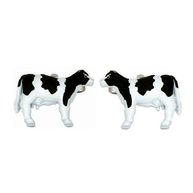 Black And White Cow Rhodium Plated Cufflinks - Leonard Silver - pair shown side on