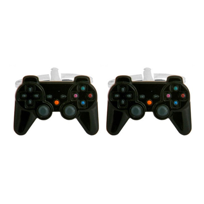 Black Games Controller Rhodium Plated Cufflinks - Leonard Silver - pair, front view