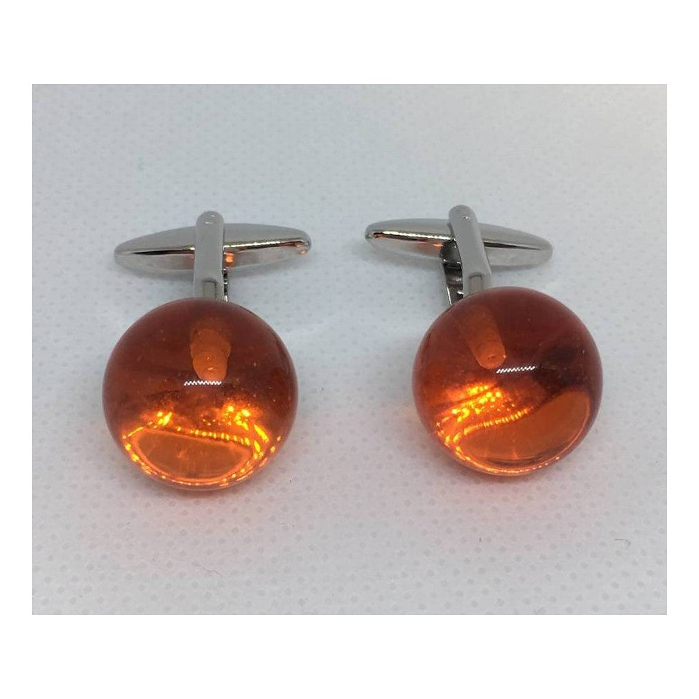 Orange Glass Marble Cufflinks - Leonard Silver - front view of pair showing domed glass faces and bar backs