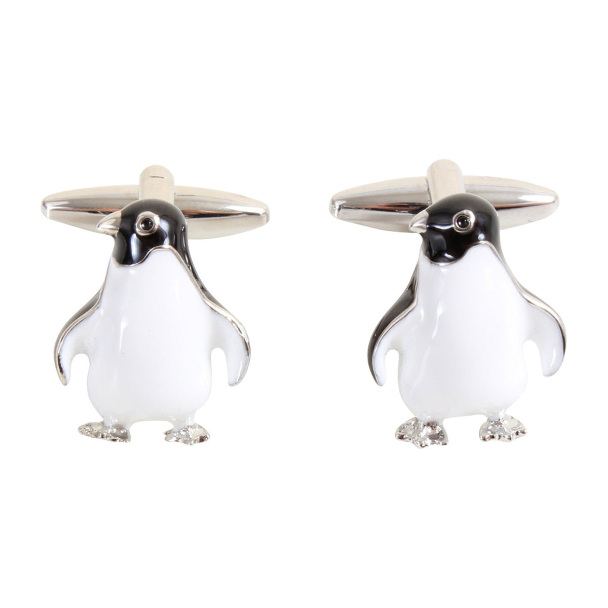 3D Penguin Rhodium Plated Cufflinks - Leonard Silver - front view of pair