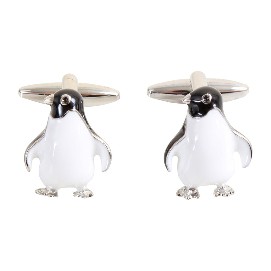 3D Penguin Rhodium Plated Cufflinks - Leonard Silver - front view of pair