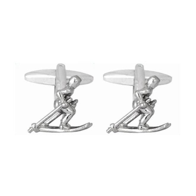 Skier Rhodium Plated Cufflinks - Leonard Silver - front view of both cufflinks