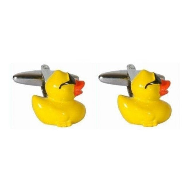 Yellow Rubber Duck Rhodium Plated Cufflinks - Leonard Silver - pair shown front