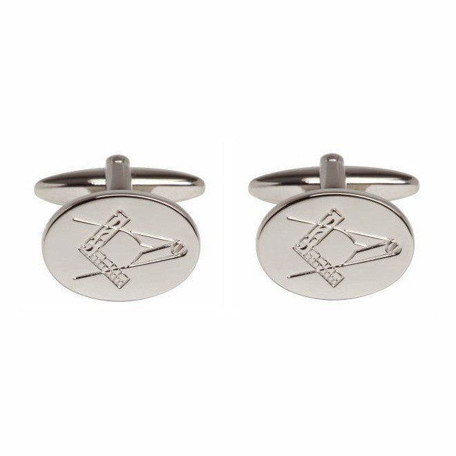 Masonic Square And Compasses Oval Rhodium Plated Cufflinks - Leonard Silver - pair, front view
