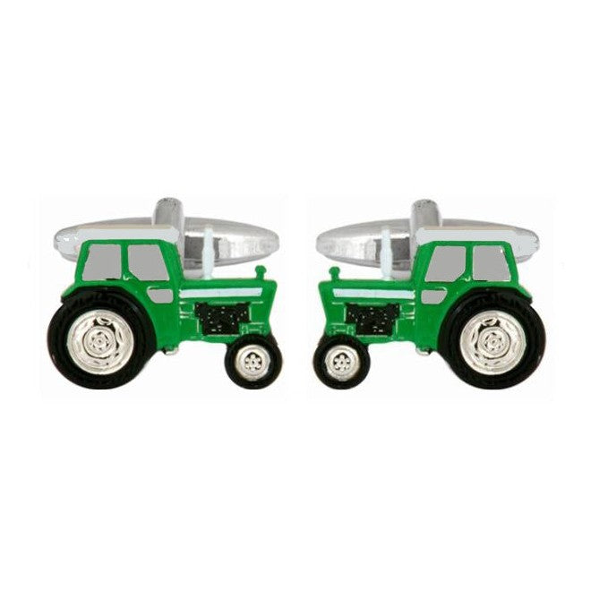 Green Tractor Rhodium Plated Cufflinks - Leonard Silver - front view of both cufflinks
