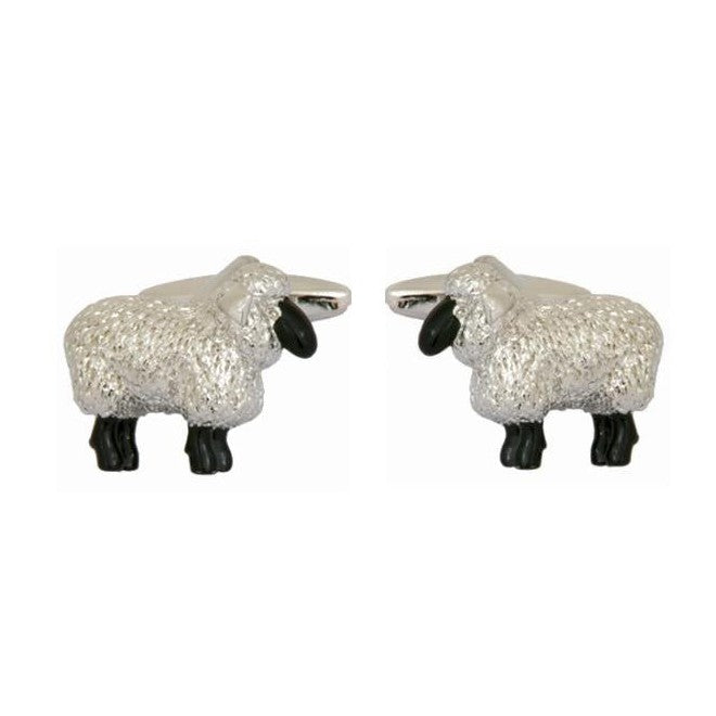 Sheep 3D Rhodium Plated Cufflinks - Leonard Silver - pair shown side-on