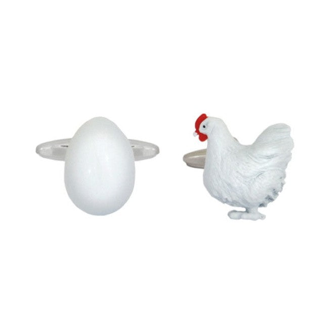 Chicken And Egg Rhodium Plated Cufflinks - Leonard Silver - white egg and white hen pair