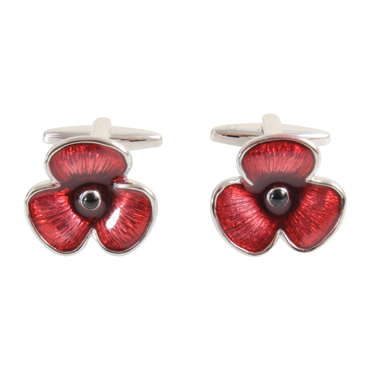 Red Enamel Poppy Cufflinks in Rhodium Plate - Leonard Silver - front view of pair