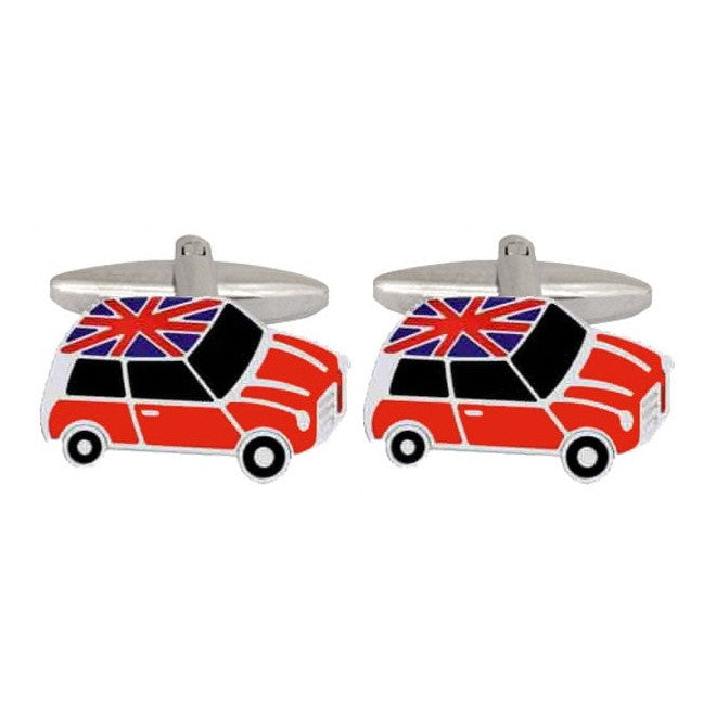 Red Mini Car With Union Jack Roof Cufflinks - Leonard Silver - pair shown front on