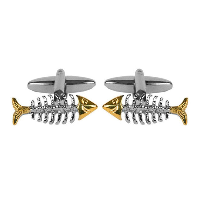 Fish Skeleton Rhodium and Gold Plated Cufflinks - Leonard Silver - pair shown front with swivel bars