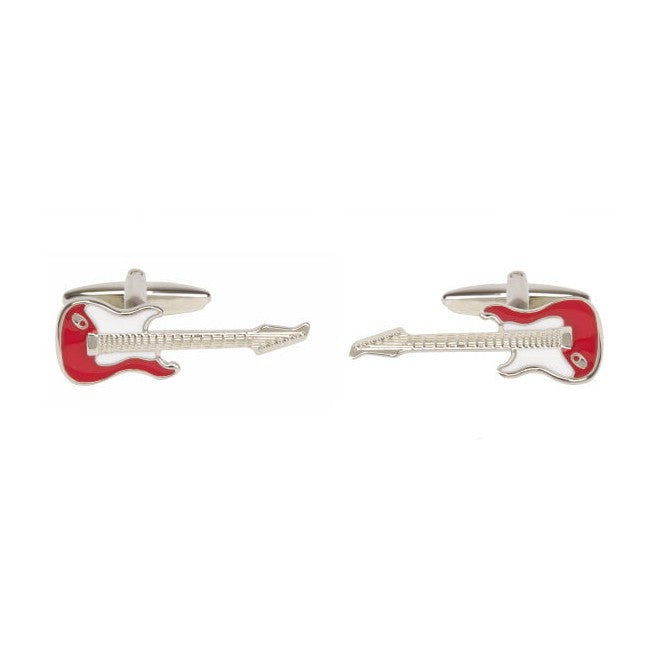 Red And White Electric Guitar Rhodium Plated Cufflinks - Leonard Silver - pair shown front on