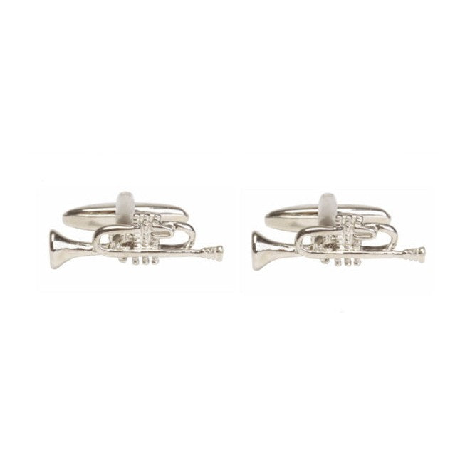 Silver Tone 3D Trumpet Cufflinks - Leonard Silver - pair shown front on