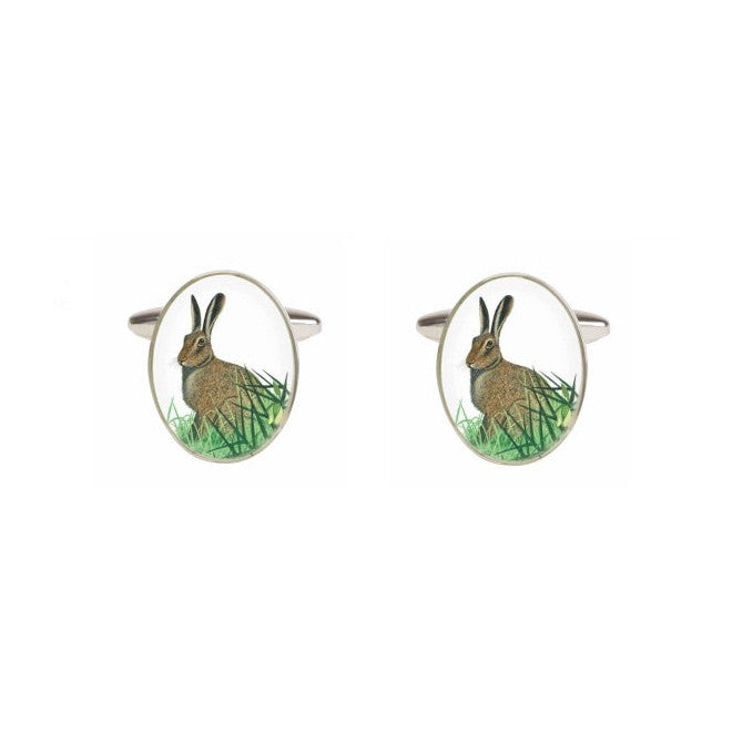 Hare Oval Rhodium Plated Cufflinks - Leonard Silver - front view of both cufflinks