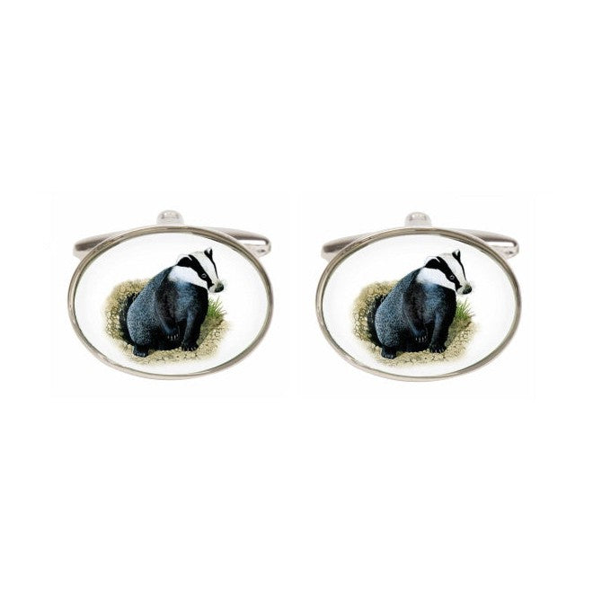 Badger Oval Rhodium Plated Cufflinks - Leonard Silver - front view of both cufflinks