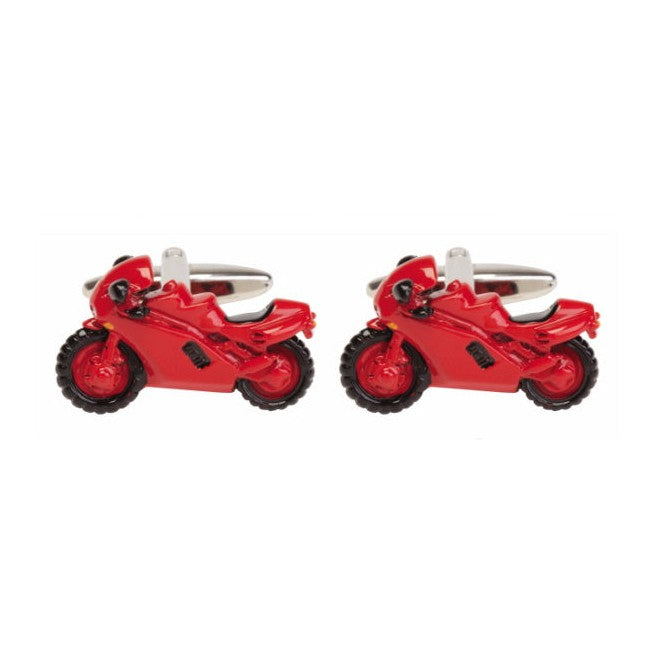 Red Sports Motorbike Rhodium Plated Cufflinks - Leonard Silver - pair shown front