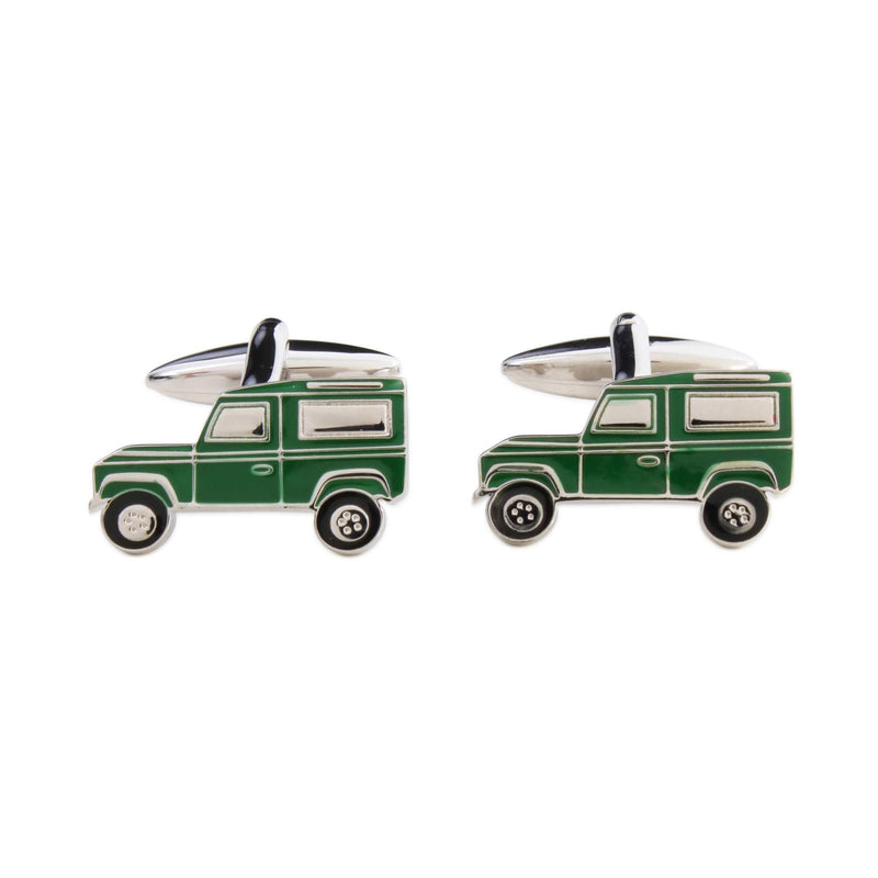 Green 4x4 Off-Road Vehicle Cufflinks, Rhodium Plated - Leonard Silver - close view of the vehicle faces