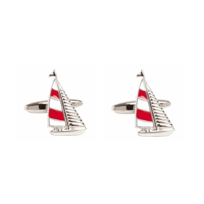 Red and White Yacht Rhodium Plated Cufflinks - Leonard Silver - pair shown front on