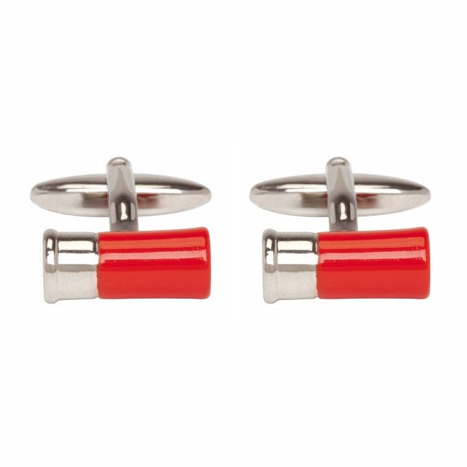 Red Gun Cartridge Rhodium Plated Cufflinks - Leonard Silver - pair shown front with swivel fittings