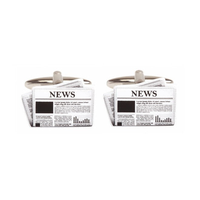 Newspaper Rhodium Plated Cufflinks - Leonard Silver - pair shown front on