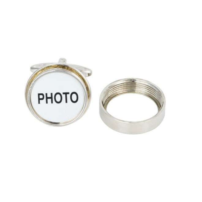 Round Silver Tone Photo Insert Cufflinks - Leonard Silver - cufflink with bezel ring removed