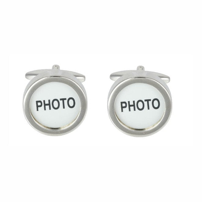 Round Silver Tone Photo Insert Cufflinks - Leonard Silver - pair, front view