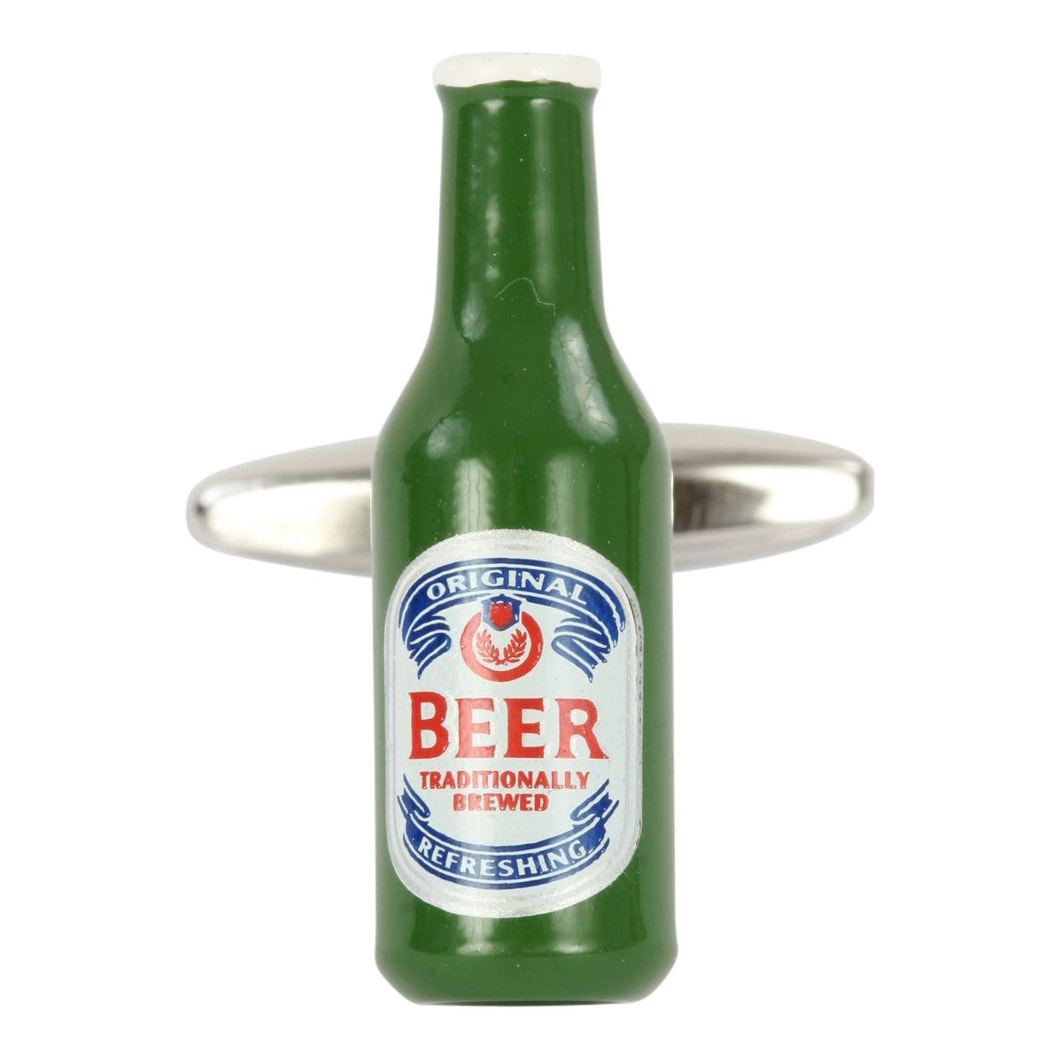 Green Beer Bottle Cufflinks - Leonard Silver - single cufflink front view