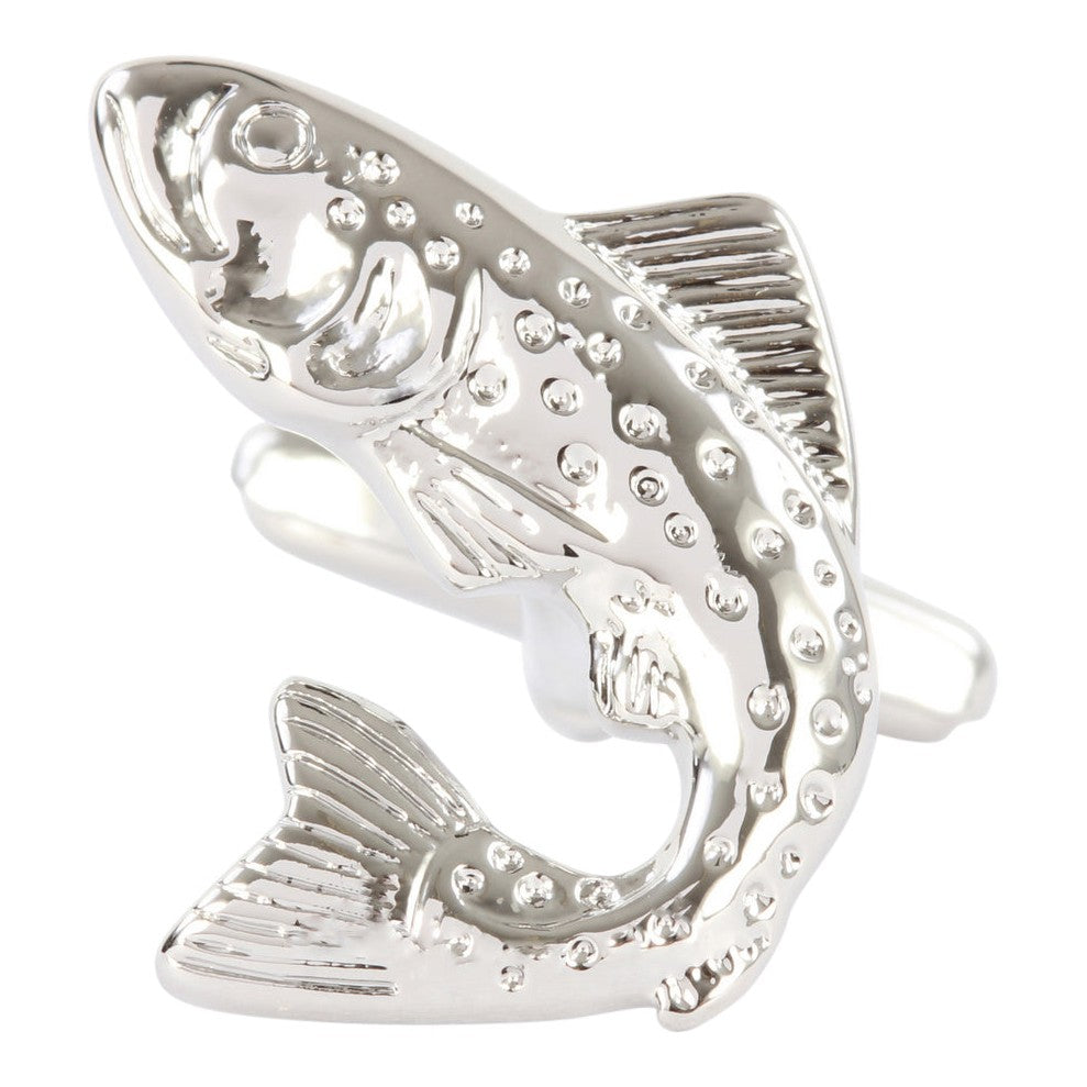 Leaping Salmon Cufflinks in Silver Tone - Leonard Silver - single cufflink detail