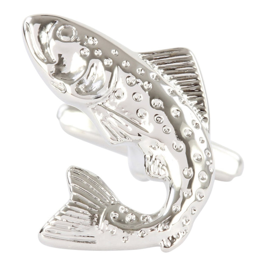 Leaping Salmon Cufflinks in Silver Tone - Leonard Silver - single cufflink detail