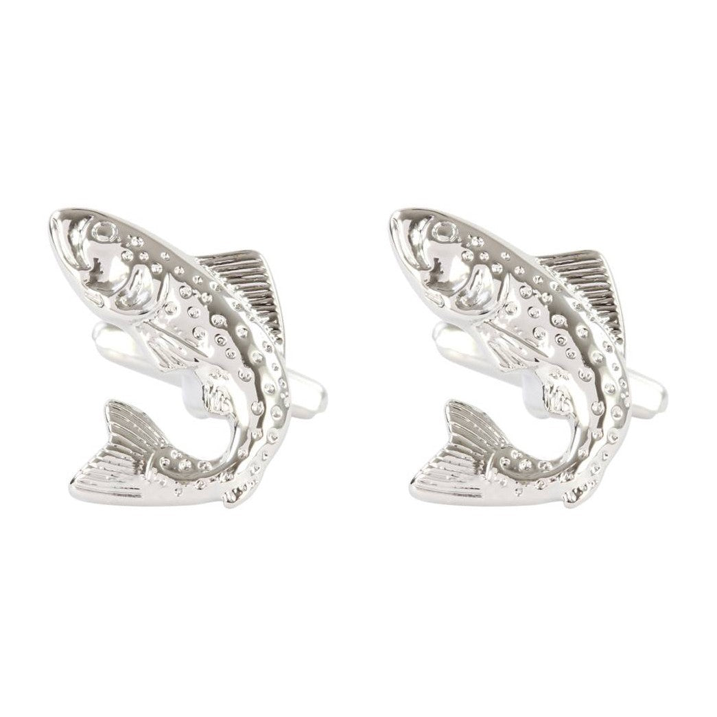 Leaping Salmon Cufflinks in Silver Tone - Leonard Silver - pair shown front