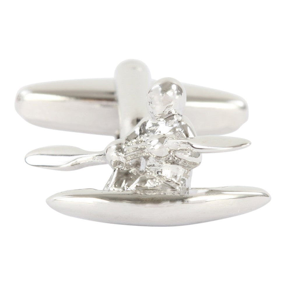 Canoeist Cufflinks in Silver Tone Finish - Leonard Silver - front view of kayak and paddler