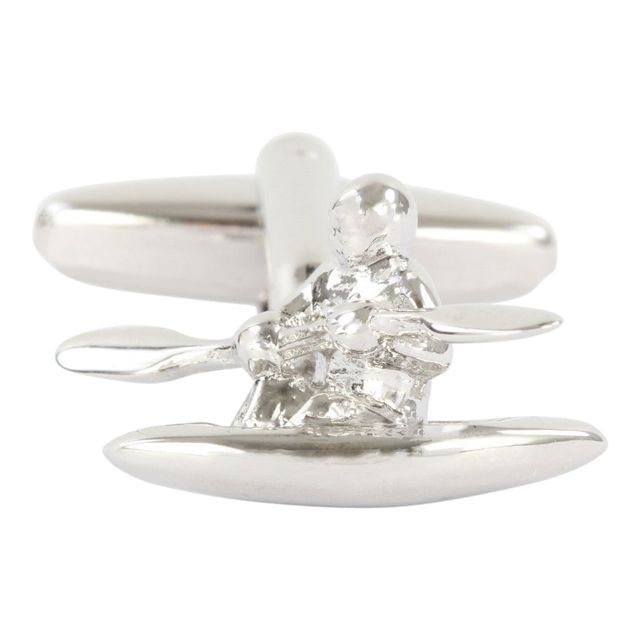 Canoeist Cufflinks in Silver Tone Finish - Leonard Silver - front view of kayak and paddler